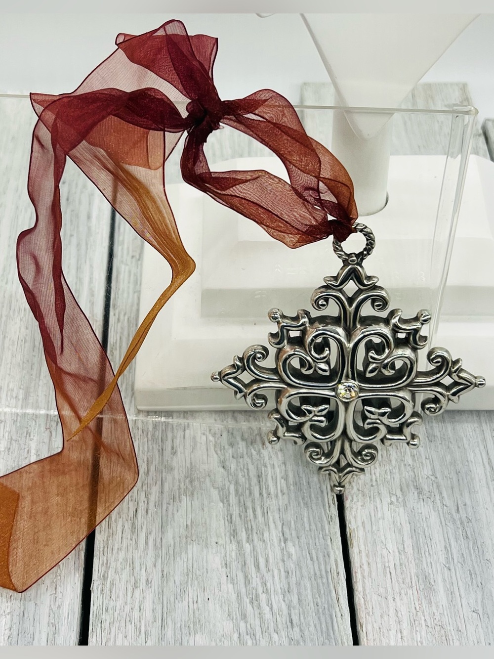 370. Brighton Retired Holiday Ornament Silver Scrollwork Cross Crystal Center